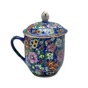 Vintage Chinese Floral Cloisonné Mug With Lid